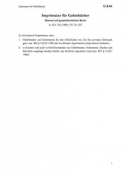 G.8.64 Imprimatur für Gebetbücher