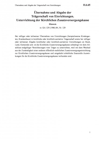H.6.65 Übernahme und Abgabe der Trägerschaft von Einrichtungen