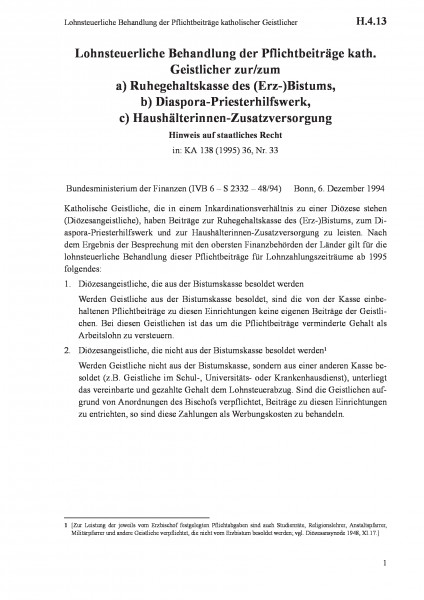H.4.13 Lohnsteuerliche Behandlung der Pflichtbeiträge katholischer Geistlicher