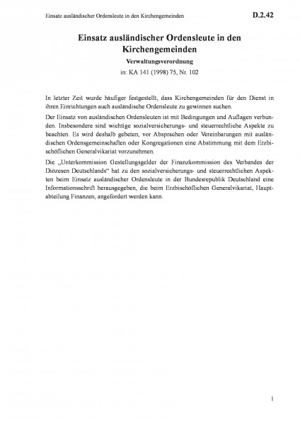 D.2.42 Einsatz ausländischer Ordensleute in den Kirchengemeinden
