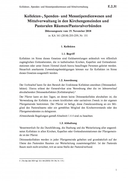 E.2.31 Kollekten-, Spenden- und Messstipendienwesen und Mittelverwaltung