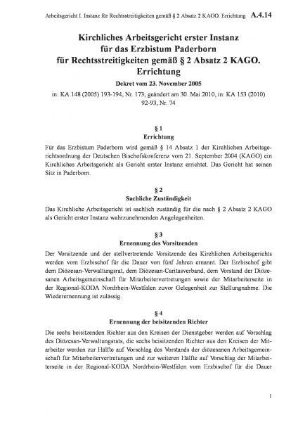 A.4.14 Arbeitsgericht I. Instanz für Rechtsstreitigkeiten gemäß § 2 Absatz 2 KAGO. Errichtung