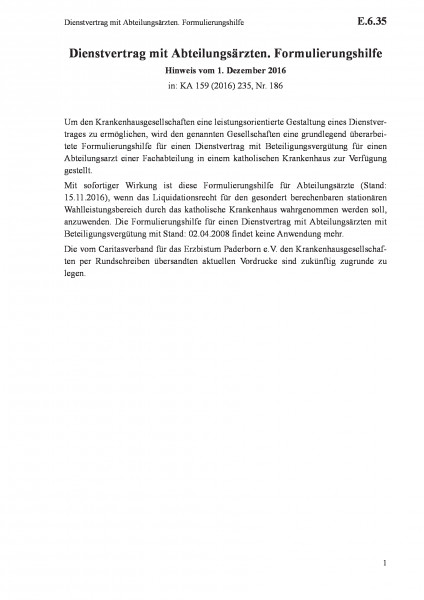 E.6.35 Dienstvertrag mit Abteilungsärzten. Formulierungshilfe