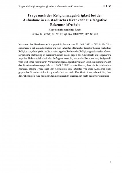 F.1.33 Frage nach Religionszugehörigkeit bei Aufnahme in ein Krankenhaus