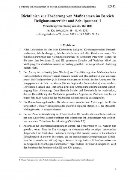 F.5.41 Förderung von Maßnahmen im Bereich Religionsunterricht und Schulpastoral I