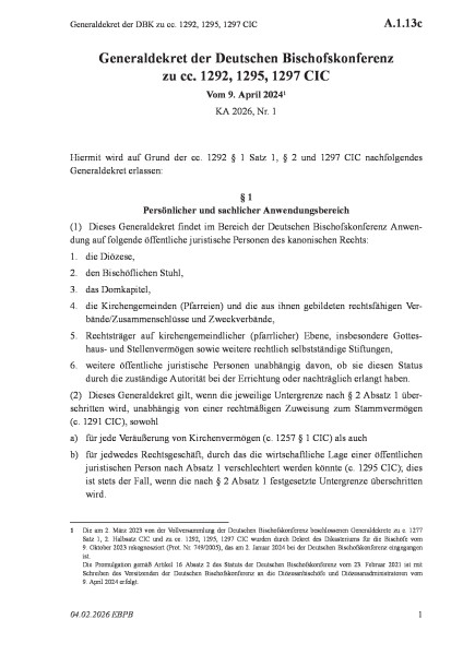 A.1.13c Generaldekret der DBK zu cc. 1292, 1295, 1297 CIC