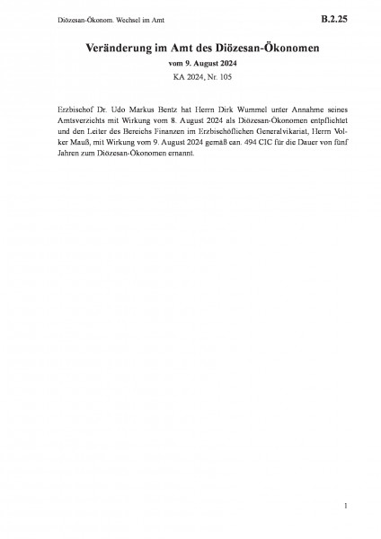 B.2.25 Diözesan-Ökonom. Wechsel im Amt