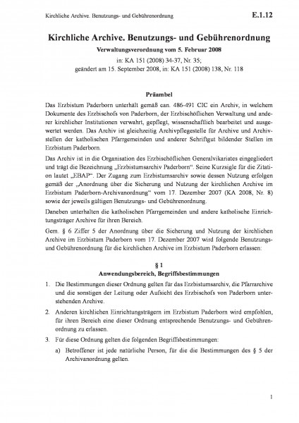 E.1.12 Kirchliche Archive. Benutzungs- und Gebührenordnung