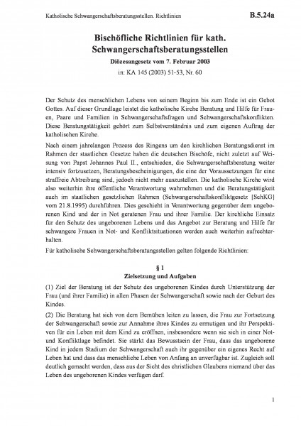 B.5.24a Katholische Schwangerschaftsberatungsstellen. Richtlinien