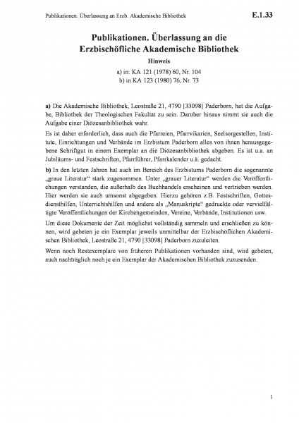 E.1.33 Publikationen. Überlassung an Erzb. Akademische Bibliothek