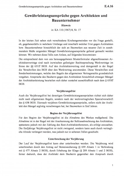 E.4.16 Gewährleistungsansprüche gegen Architekten und Bauunternehmer