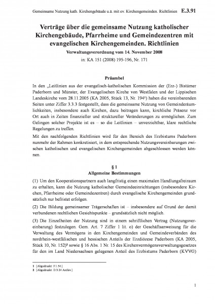 E.3.91 Gemeinsame Nutzung kath. Kirchengebäude u.ä. mit ev. Kirchengemeinden. Richtlinien