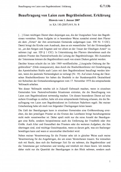 G.7.13b Beauftragung von Laien zum Begräbnisdienst. Erklärung