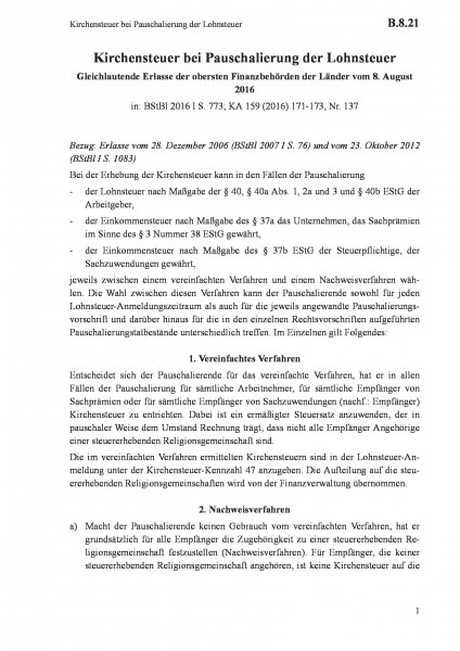 B.8.21 Kirchensteuer bei Pauschalierung der Lohnsteuer