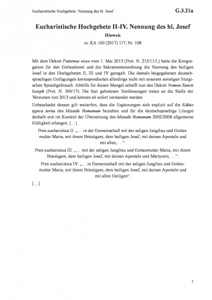 G.3.21a Eucharistische Hochgebete. Nennung des hl. Josef
