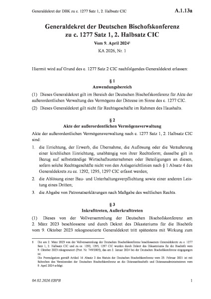 A.1.13a Generaldekret der DBK zu c. 1277 Satz 1, 2. Halbsatz CIC