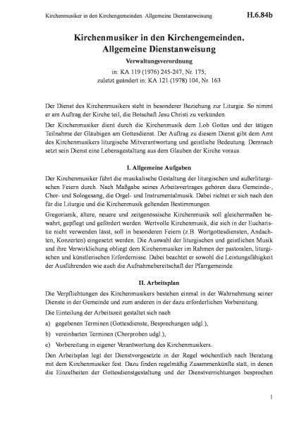 H.6.84b Kirchenmusiker in den Kirchengemeinden. Allgemeine Dienstanweisung