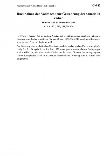 G.6.42 Rücknahme der Vollmacht zur sanatio in radice