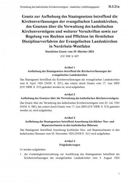 D.3.21a Verwaltung des katholischen Kirchenvermögens - staatliches Aufhebungsgesetz