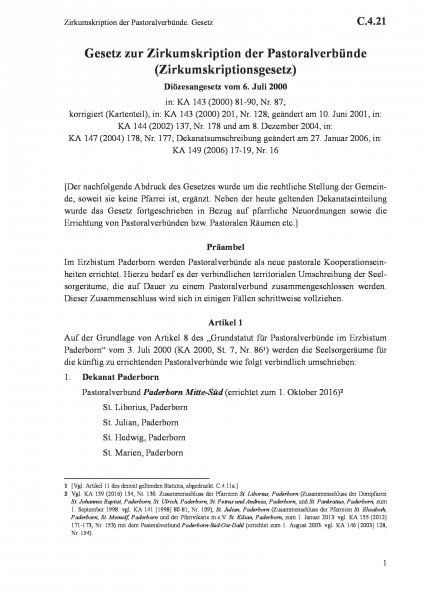 C.4.21 Zirkumskription der Pastoralverbünde. Gesetz
