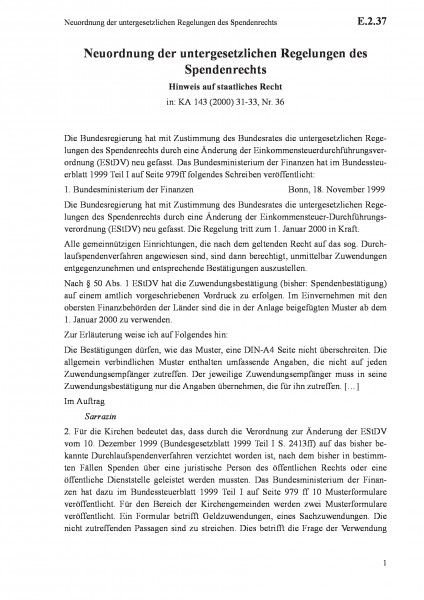 E.2.37 Neuordnung der untergesetzlichen Regelungen des Spendenrechts
