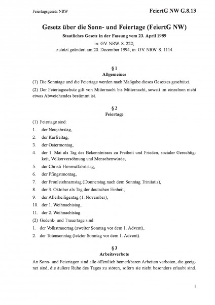 G.8.13 Feiertagsgesetz NRW