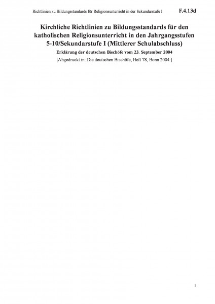 F.4.13d Richtlinien zu Bildungsstandards für Religionsunterricht in der Sekundarstufe I