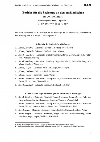 D.4.21 Bezirke für die Seelsorge an den ausländischen Arbeitnehmern. Einteilung