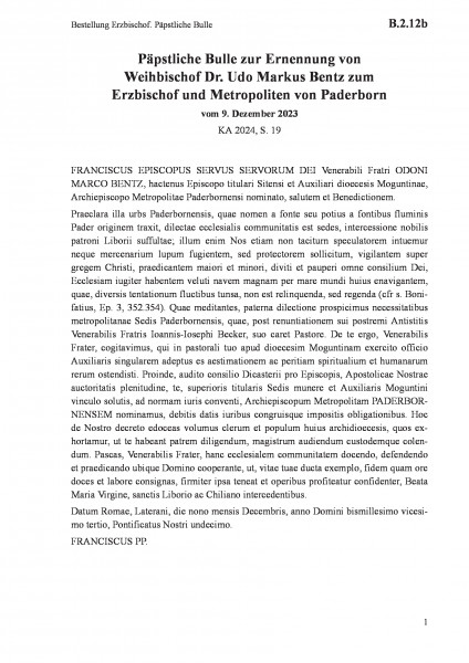B.2.12b Bestellung Erzbischof. Päpstliche Bulle