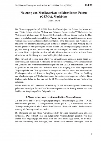 E.8.23 Merkblatt zur Nutzung von Musikwerken bei kirchlichen Feiern (GEMA)