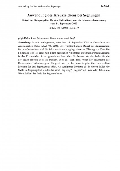 G.8.61 Anwendung des Kreuzzeichens bei Segnungen