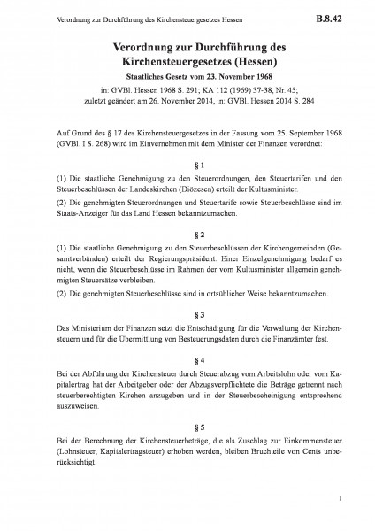 B.8.42 Verordnung zur Durchführung des Kirchensteuergesetzes Hessen