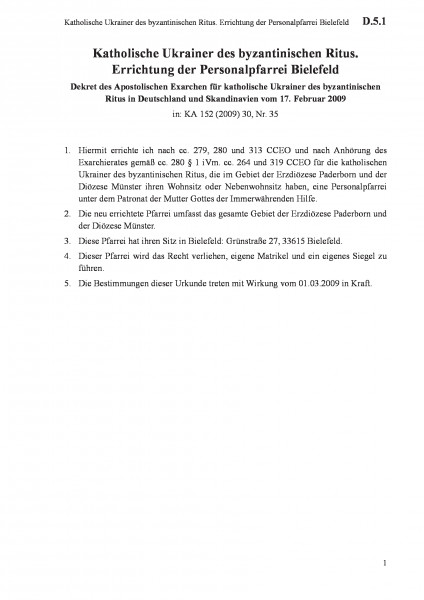 D.5.1 Katholische Ukrainer des byzantinischen Ritus. Errichtung der Personalpfarrei Bielefeld