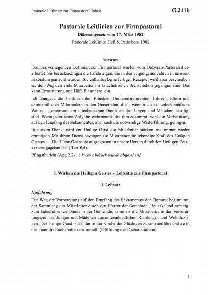 G.2.11b Pastorale Leitlinien zur Firmpastoral. Inhalt