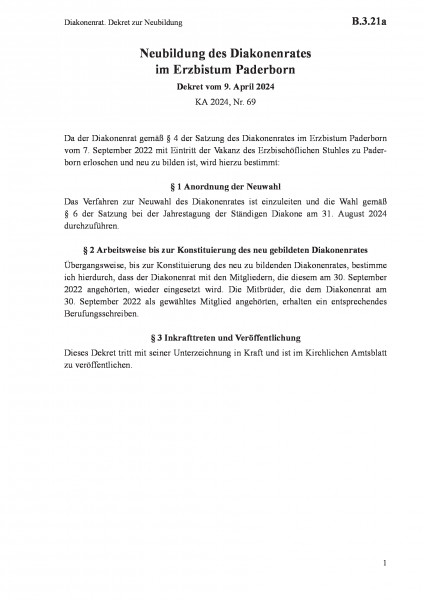 B.3.21a Diakonenrat. Dekret zur Neubildung