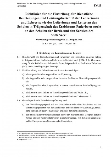F.6.25 Richtlinien für die Einstellung, dienstliche Beurteilung und Leistungsberichte von Lehrenden