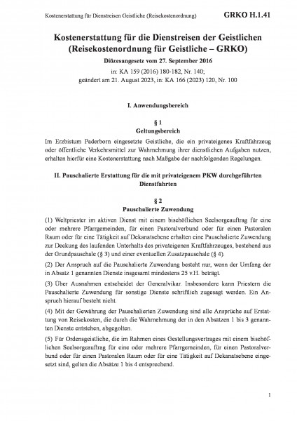 H.1.41 Kostenerstattung für Dienstreisen Geistliche (Reisekostenordnung)