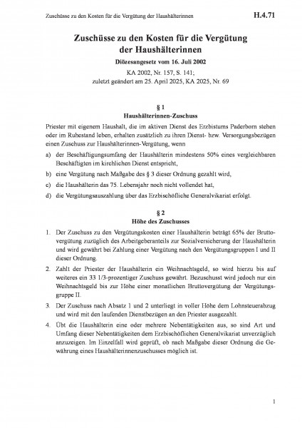 H.4.71 Zuschüsse zu den Kosten für die Vergütung der Haushälterinnen
