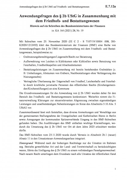 E.7.12a Anwendungsfragen des § 2b UStG auf Friedhofs- und Bestattungswesen