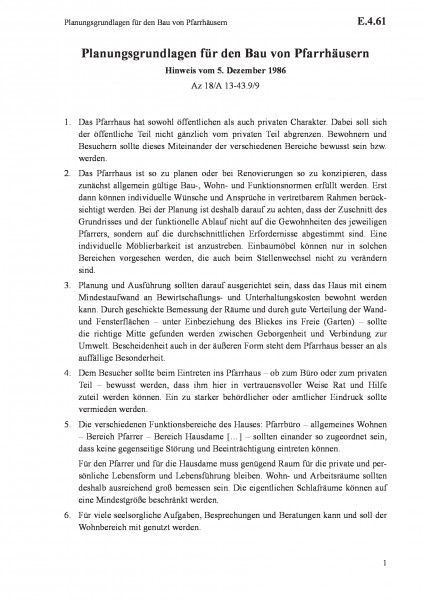 E.4.61 Planungsgrundlagen für den Bau von Pfarrhäusern
