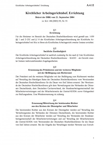 A.4.12 Kirchlicher Arbeitsgerichtshof. Errichtung