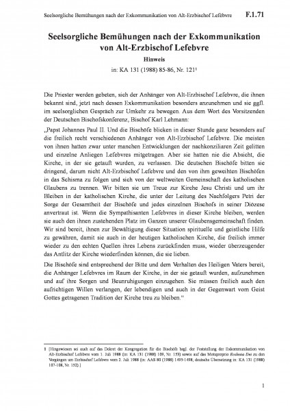 F.1.71 Seelsorgliche Bemühungen nach der Exkommunikation von Alt-Erzbischof Lefèbvre