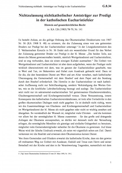 G.8.34 Nichtzulassung nichtkath. Amtsträger zur Predigt in der Eucharistiefeier