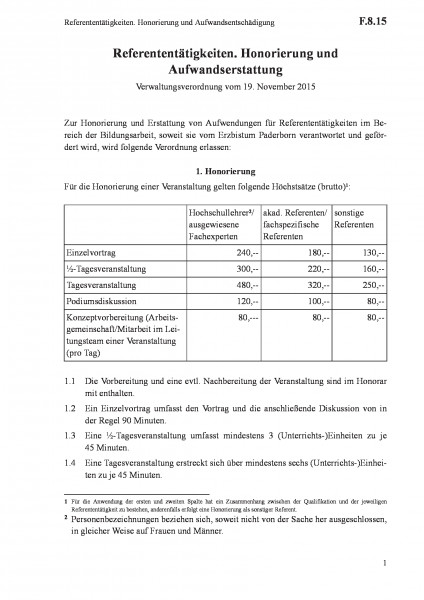 F.8.15 Referententätigkeiten. Honorierung und Aufwandsentschädigung