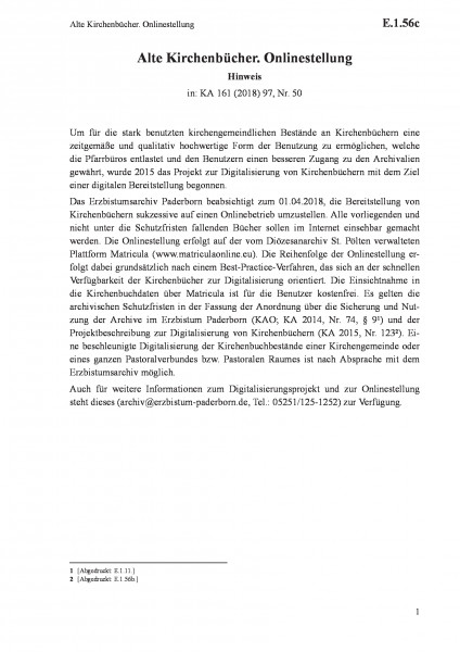 E.1.56c Alte Kirchenbücher. Onlinestellung