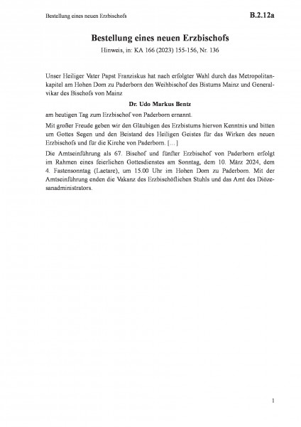 B.2.12a Bestellung eines neuen Erzbischofs