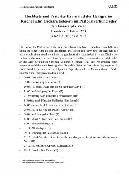 G.8.22 Hochfeste und Feste an Werktagen
