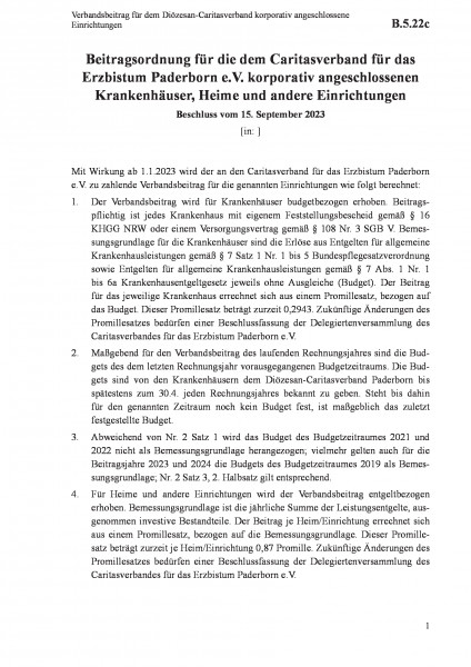 B.5.22c Verbandsbeitrag für dem Diözesan-Caritasverband korporativ angeschlossene Einrichtungen