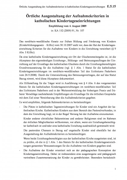 E.5.15 Örtliche Ausgestaltung der Aufnahmekriterien in katholischen Kindertageseinrichtungen