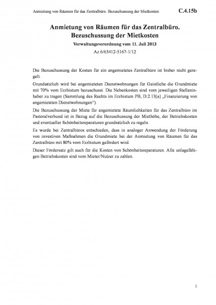 C.4.15b Anmietung von Räumen für das Zentralbüro. Bezuschussung der Mietkosten